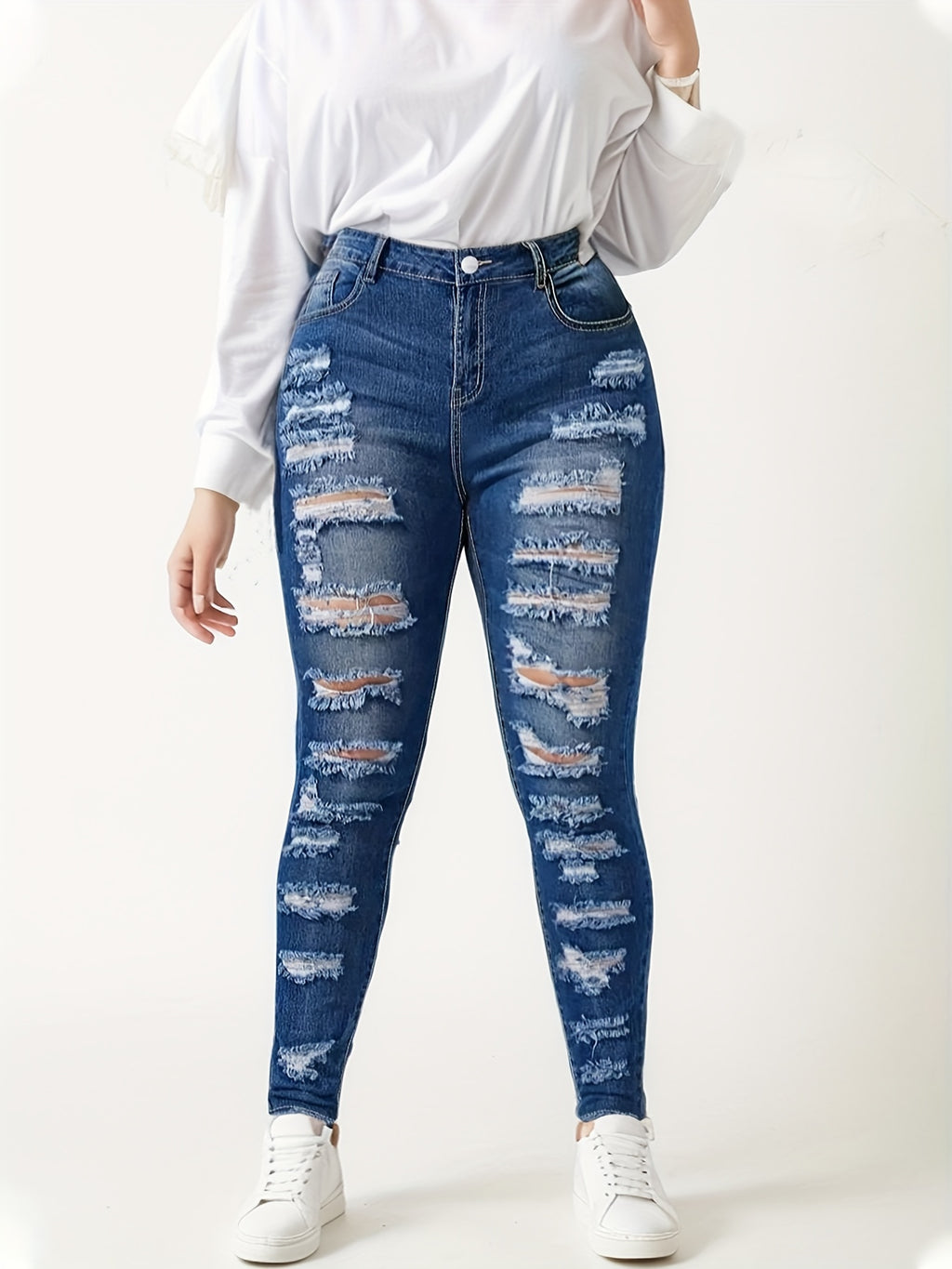 Women's Fashionable Casual Jeans, Tight Fitting Ripped Jeans, High Waisted Jeans