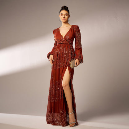 Long Sleeve V-neck Sexy Long Sequined Evening Dress