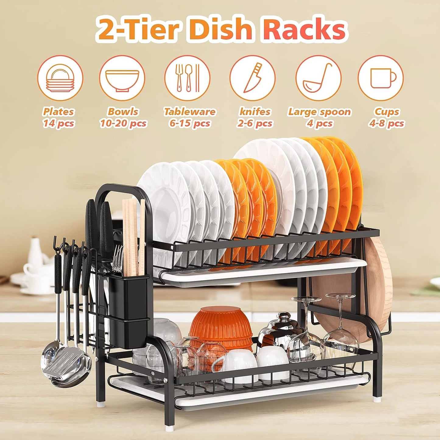 Black Stainless Steel 2-Tier Dish Drying Rack with Drainboard