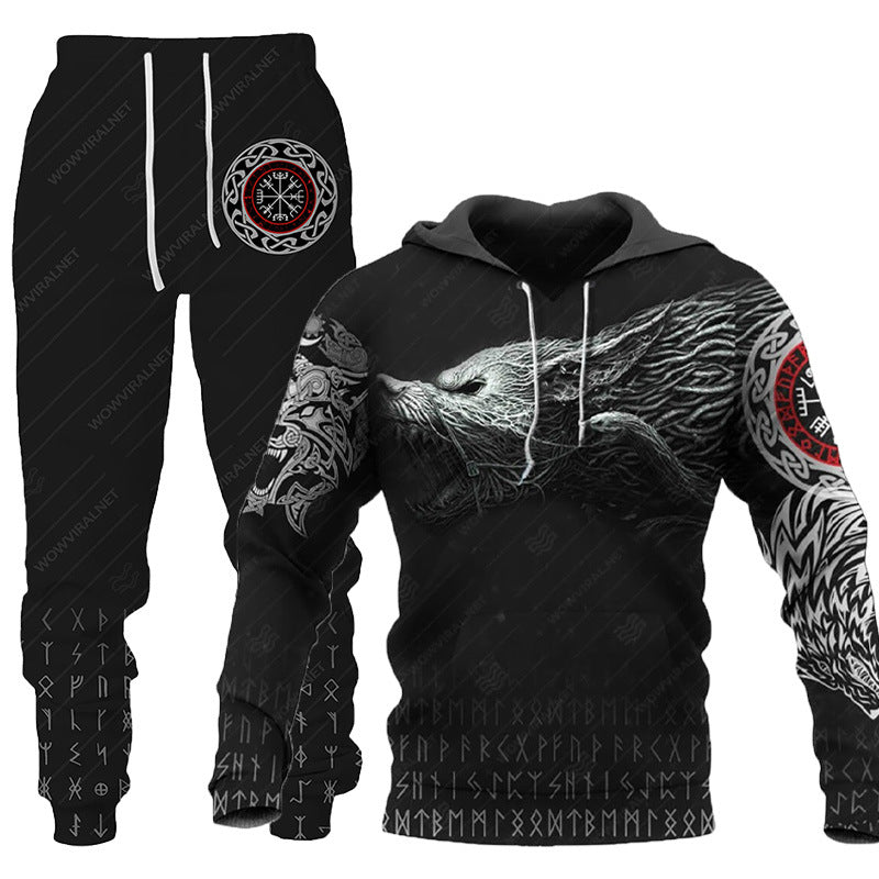 Wolf Print Hooded Tracksuit - Men's Outdoor Fitness Set