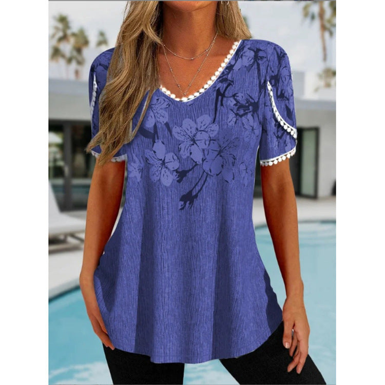 Loose Ruffled V-neck Short-sleeved Printed Top Casual Shirt