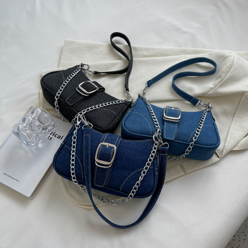 "Chic Denim Crossbody Armpit Bag with Fashionable Chains