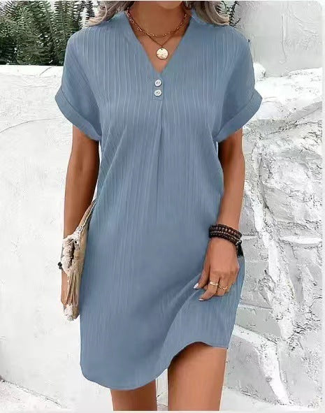 Women's V-neck Dress, Short-Sleeve, Casual, Solid Color, Button-Down