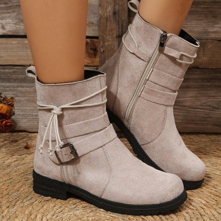 Fashionable Round Toe Buckle Boots with Square Heel