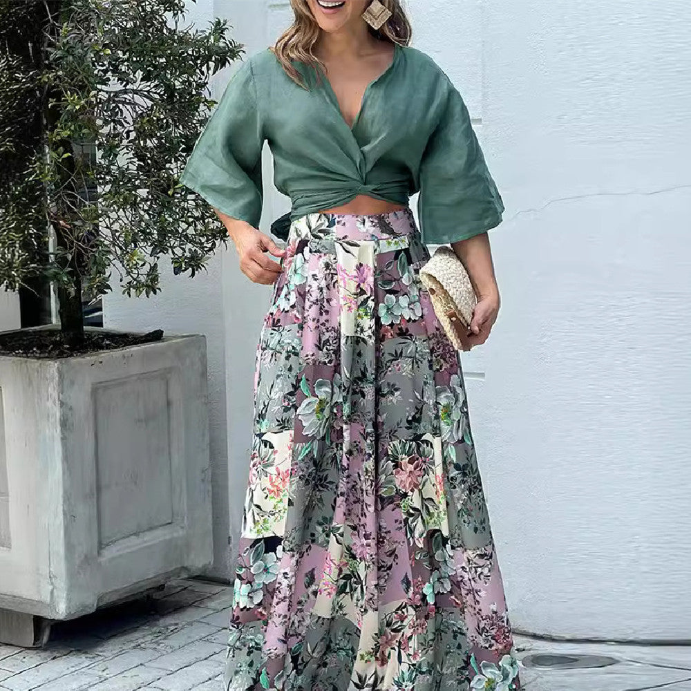 Short Button Top Suit Full-body Floral Wide-leg Trousers