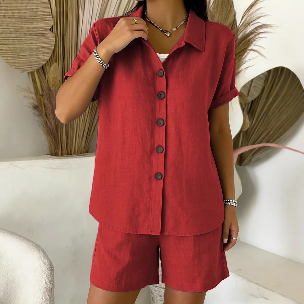 Casual Button-Up Cotton-Linen Womens Short-Sleeve Shirt Set