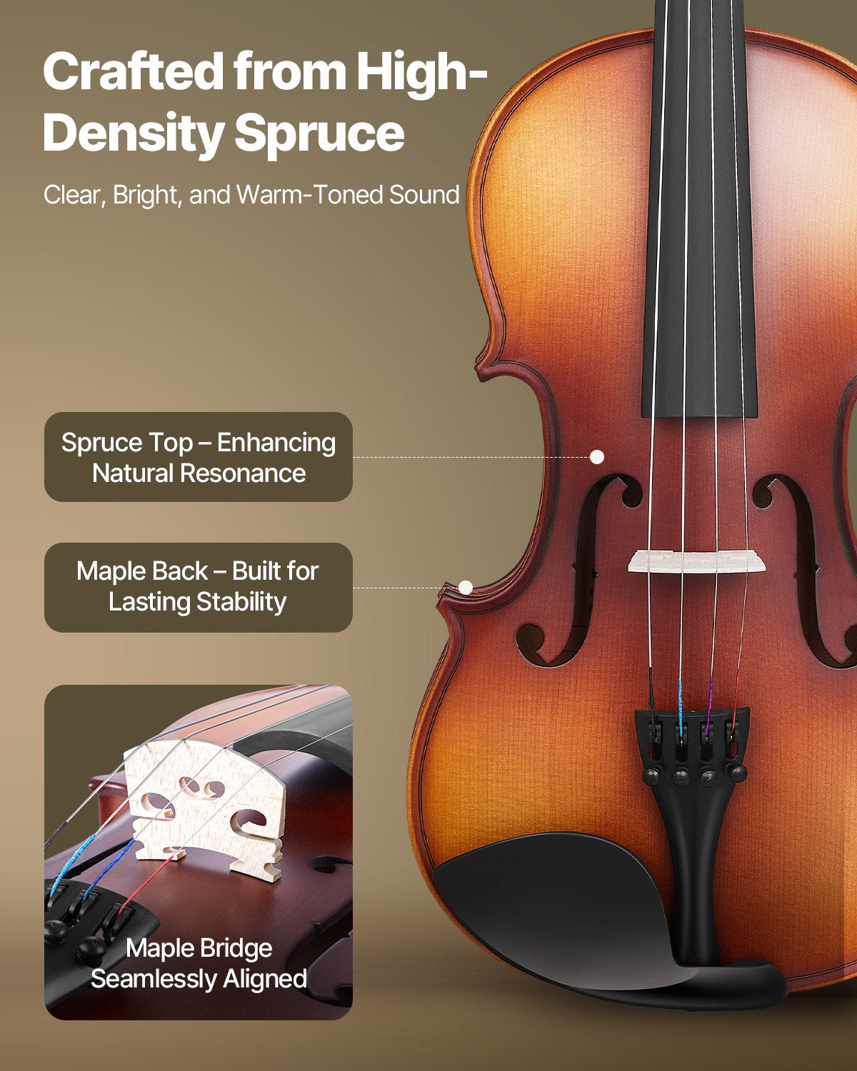 Violin 4/4 Full Size For Adults, Violin Fiddle Set For Beginners Student With Hard Case, Rosin, Bow, Shoulder Rest,Bridge,Extra Strings,Professional Solidwood Instrument (Matte Brown)