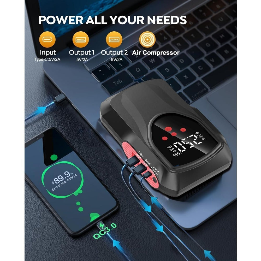 Car Battery Starter With Air Compressor, 3000A 150PSI Portable Car Battery Starter12V Battery Charger Booster Box Car With LCD Display, LED Light, USB QC3.0