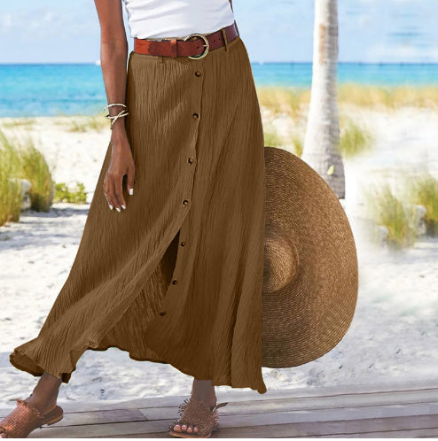 Women's Fashion Cotton Linen A-Line Hip Mid Waist Long Skirt