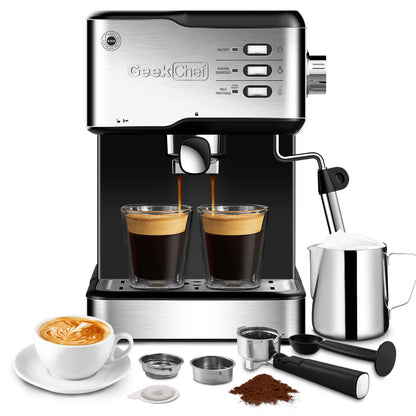 Geek Chef Machine à expresso, expresso et cappuccino Latte Machine à café 20 bars compatible avec filtre à capsules ESE POD et mousseur à lait Baguette vapeur, 950 W, réservoir d'eau 1,5 L, interdit sur Amazon 