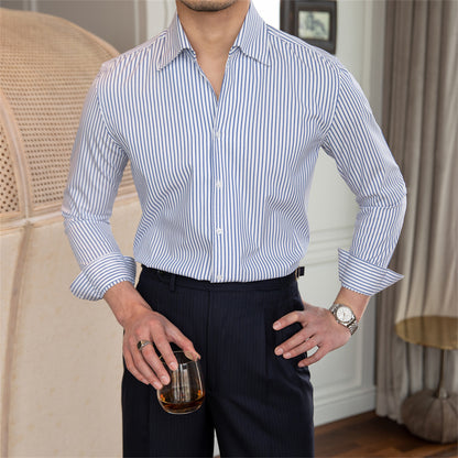 Men  Striped One-piece Collar Long-sleeved Shirt Slim Fit