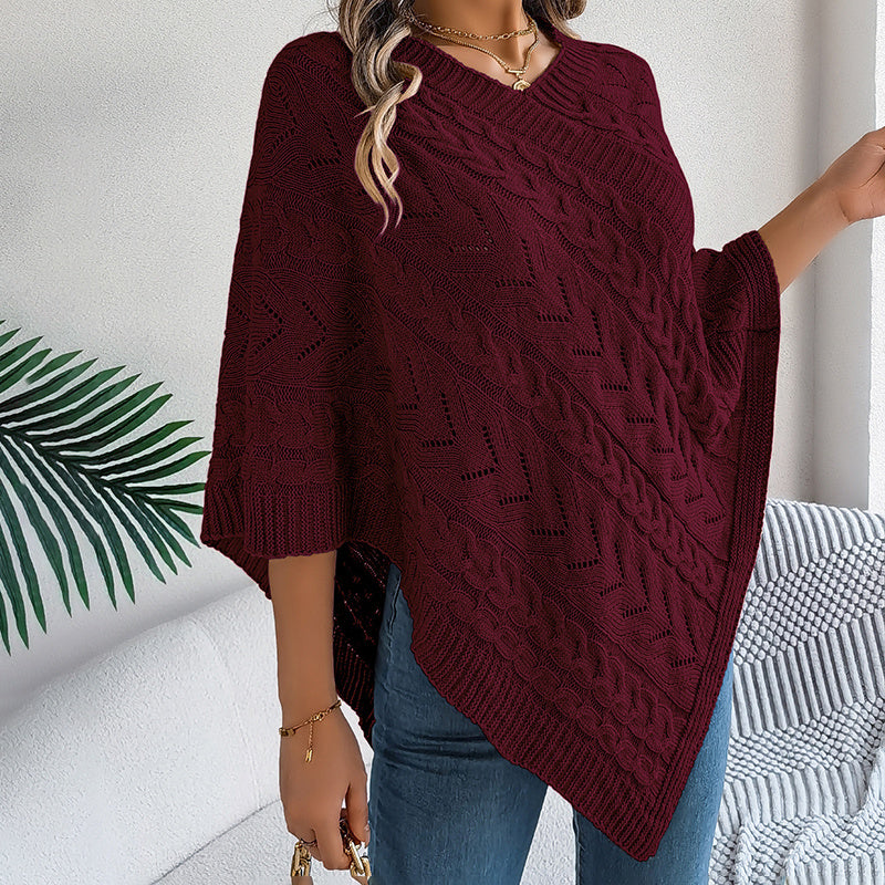 Women's Solid Color V-Neck Cape Sweater Batwing Sleeve Open-Knit Cardigan With Asymmetrical Hem