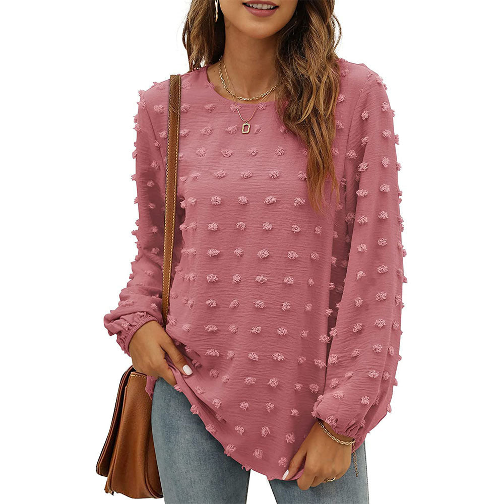 Fashion Jacquard Long-sleeved Round Neck T-shirt Casual Loose Pullover Top Womens Clothing