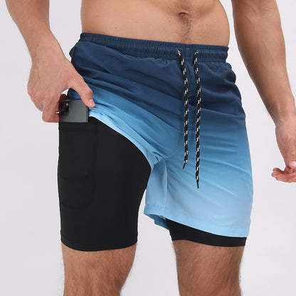 Pantalones cortos de playa con estampado degradado Pantalones cortos deportivos casuales de doble capa