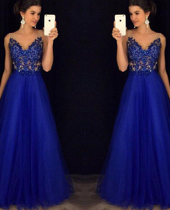 Backless Beaded Ball Elegant Long Blue Chiffon Dress