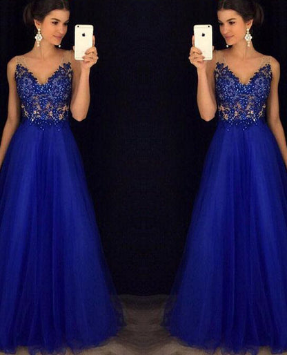 Backless Beaded Ball Elegant Long Blue Chiffon Dress