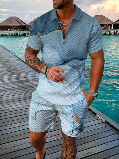 Men's Summer Fashion 3D Printed Short Sleeve Geometric Zip Lapel Shirt Set