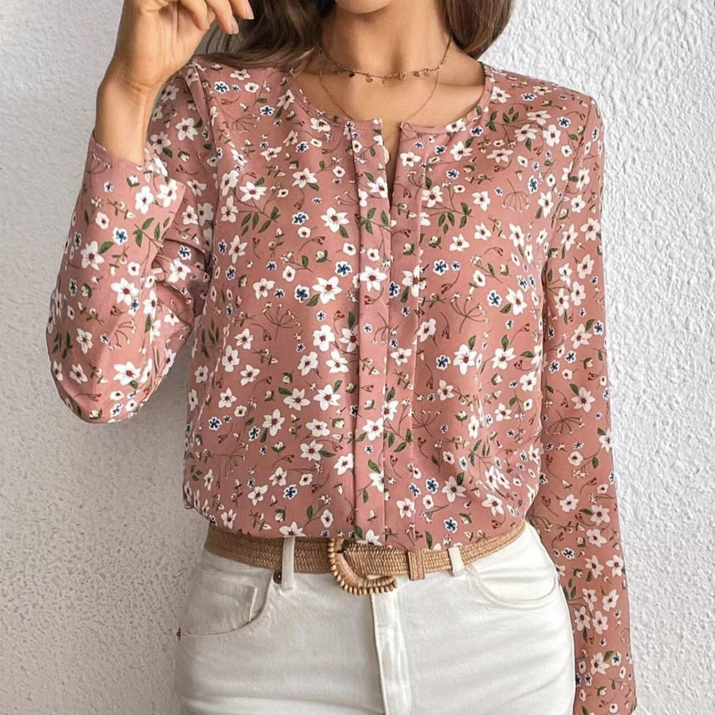 Ladies' Fashionable New Floral Print Folding Pleated Detail Casual Long Sleeved Top