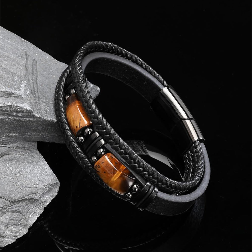 Tiger Eye Braided Leather Bracelet - Courage Stone Gift for Him/Her