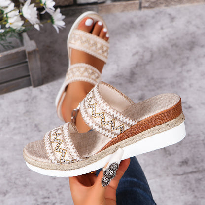 Ethnic Style Woven Wavy Sandals - Women's Summer Linen Wedges