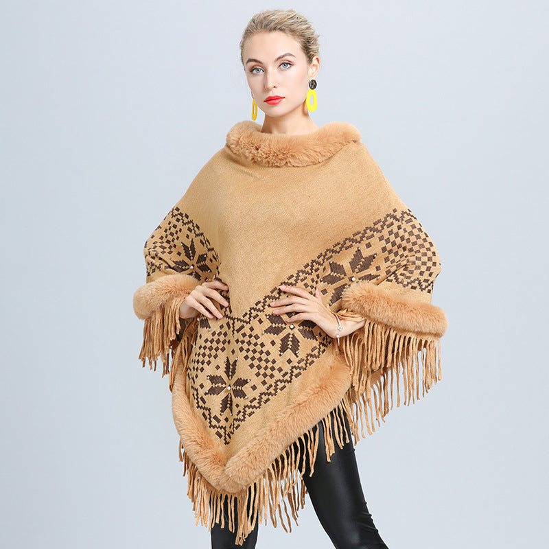 Women's Knitted Jacket Warm Tassel Shawl Cloak