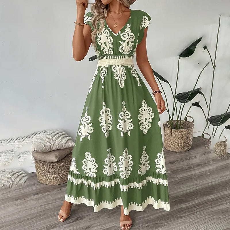 Women's Summer Flowy Maxi Dress Casual Cap Sleeve V Neck Smocked Waist Beach Sundress