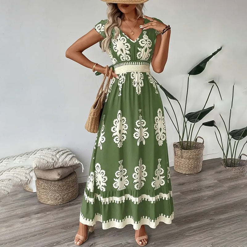 Women's Summer Flowy Maxi Dress Casual Cap Sleeve V Neck Smocked Waist Beach Sundress
