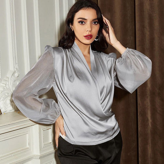 Women's Fashion Pure Color Mesh Long-sleeved Stitching Pullover Shirt