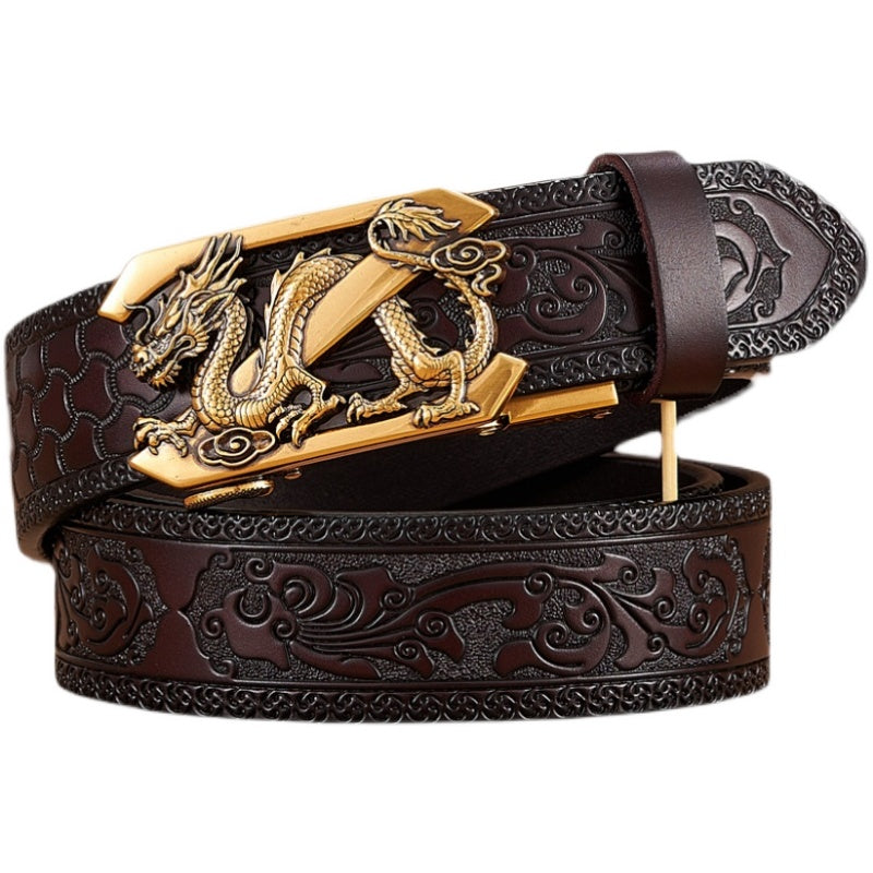 Cinturón en relieve de cuero de vaca de dos capas con hebilla automática Dragon para hombre