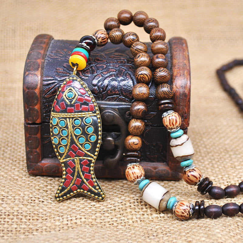 Handmade Vintage Turquoise and Wood Beads Necklace for Women