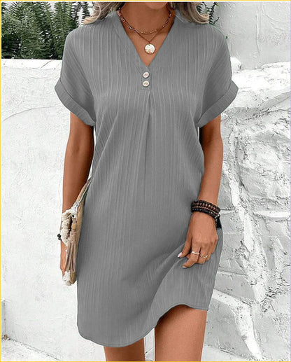 Women's V-neck Dress, Short-Sleeve, Casual, Solid Color, Button-Down