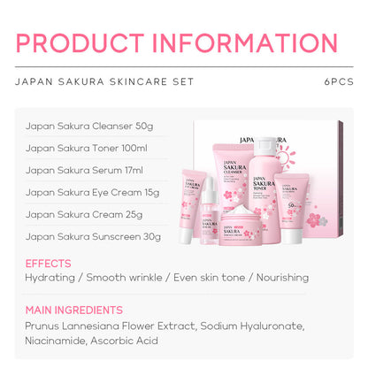 Japan Sakura Women's Travel Skin Care Set - Cleanser, Toner, Lotion, Serum, Eye Cream, Face Cream (TSA-friendly, 6pcs)