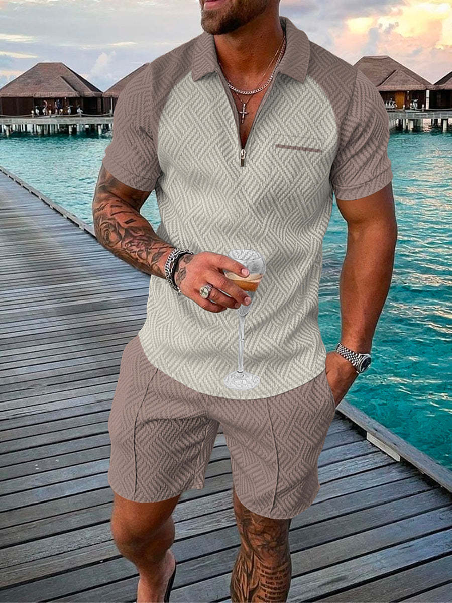 Men's Summer Fashion 3D Printed Short Sleeve Geometric Zip Lapel Shirt Set