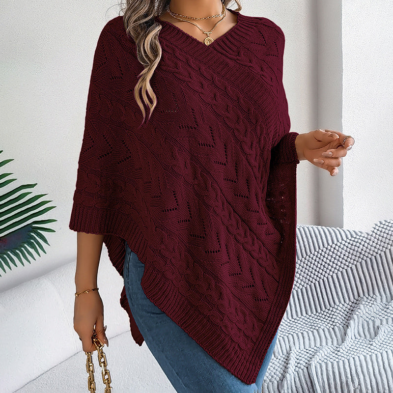 Women's Solid Color V-Neck Cape Sweater Batwing Sleeve Open-Knit Cardigan With Asymmetrical Hem