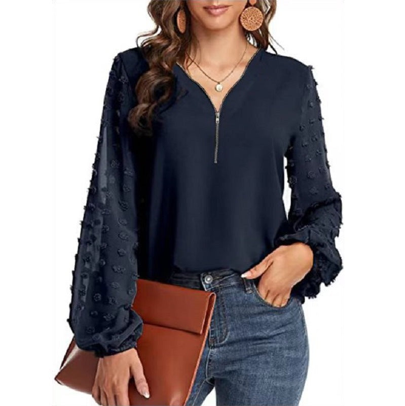 Women's V-neck Chiffon Shirt With Long Sleeve Stitching