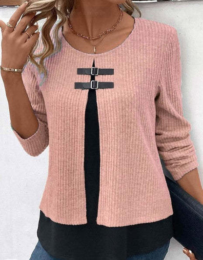 Sunken Stripe Fake Two Pieces Leather Ring Design Long Sleeve Knitted