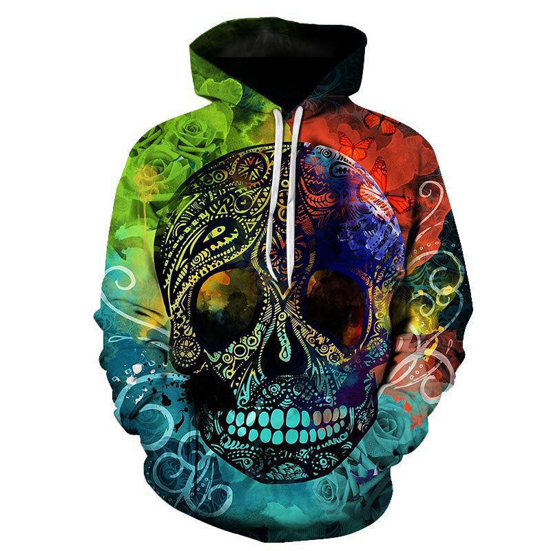 3D Color Skull Printed Hood Pocket Pullover Sweater