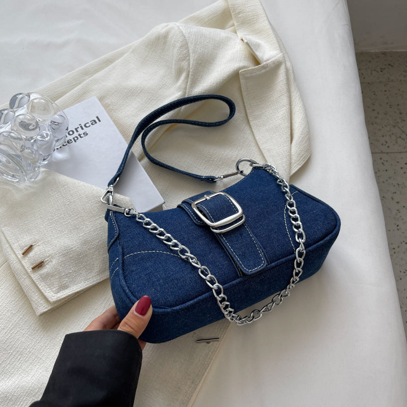 "Chic Denim Crossbody Armpit Bag with Fashionable Chains