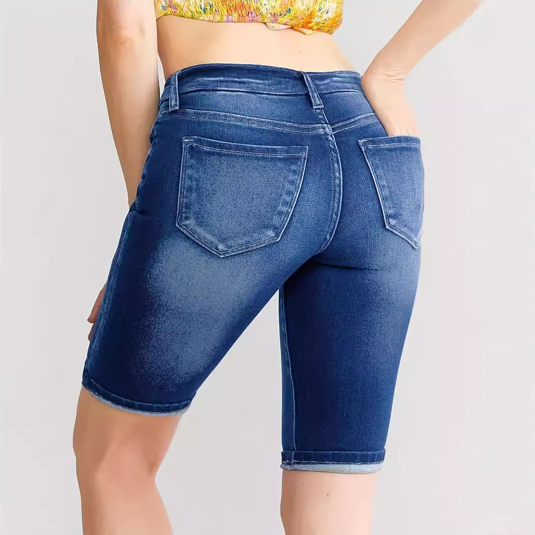 Women's Slim Fit All-match Embossed Button Denim Shorts