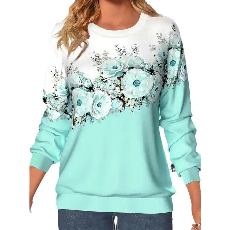 Women's Clothing Round Neck Long Sleeve Flower 3D Printed Pullover Sweatshirt