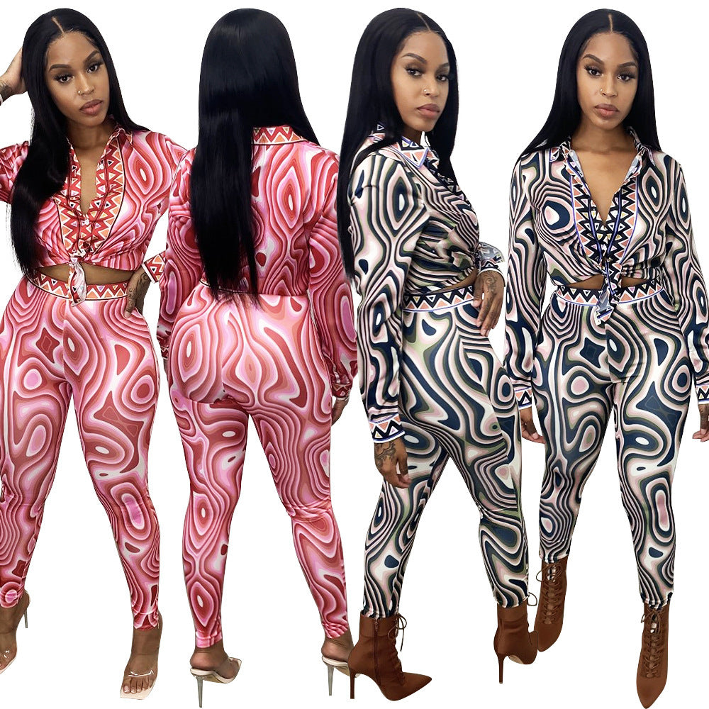 Women  Print Long Sleeve Tight Casual Suit