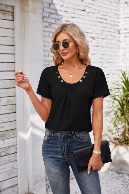 Solid Color Pleated T-Shirt with Cute Square Neckline