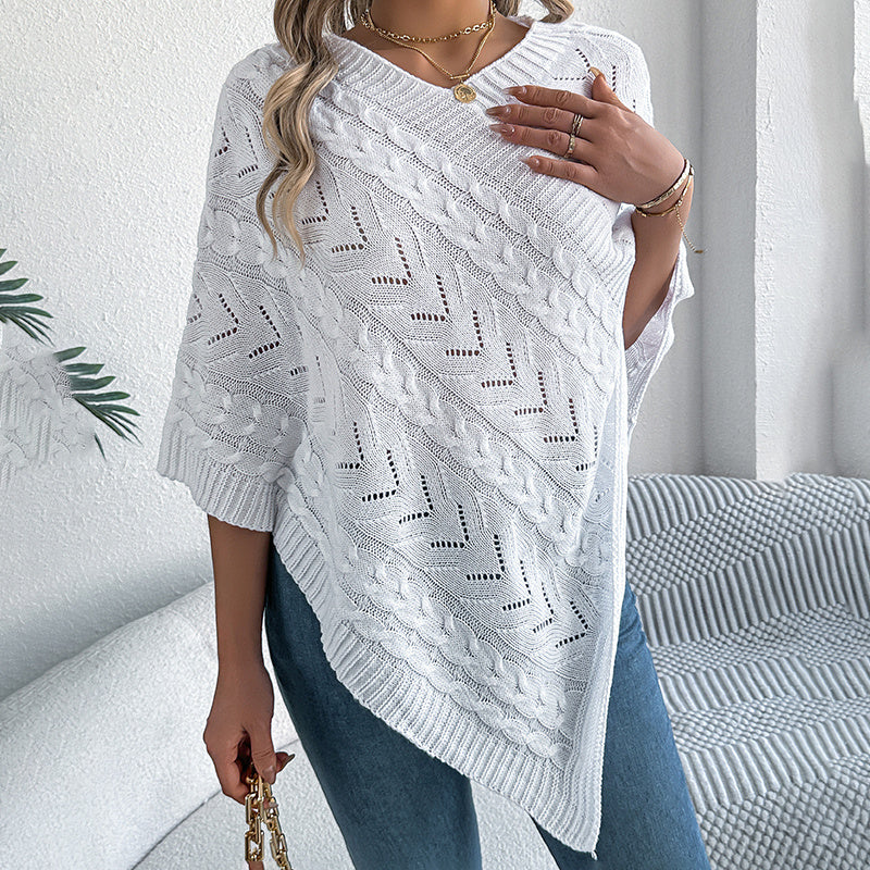 Women's Solid Color V-Neck Cape Sweater Batwing Sleeve Open-Knit Cardigan With Asymmetrical Hem