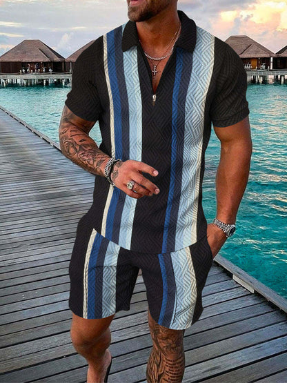 Men's Summer Fashion 3D Printed Short Sleeve Geometric Zip Lapel Shirt Set