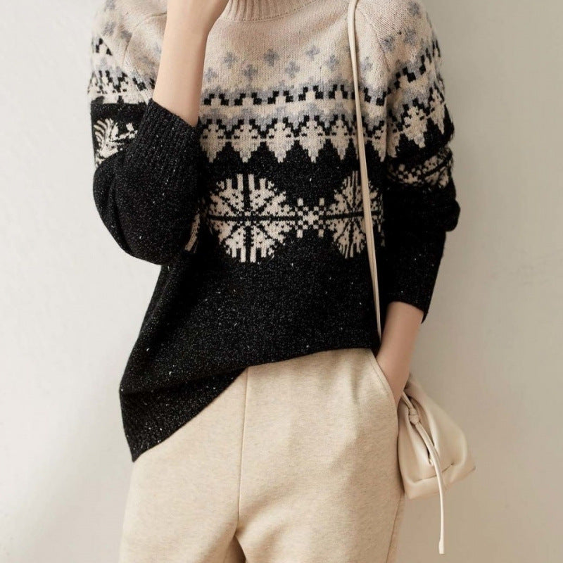 Half Turtleneck Knitted Snowflake Retro Loose Sweater