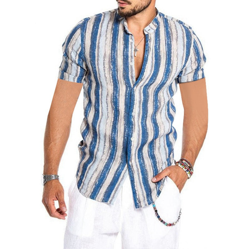 Men's Short-Sleeved Half-High Collar Floral Printed Shirt