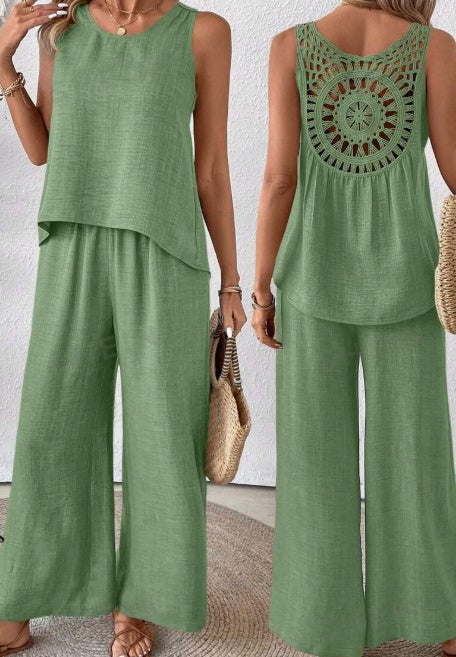 Solid Tank Top & Wide Leg Pants For Summer Vacation