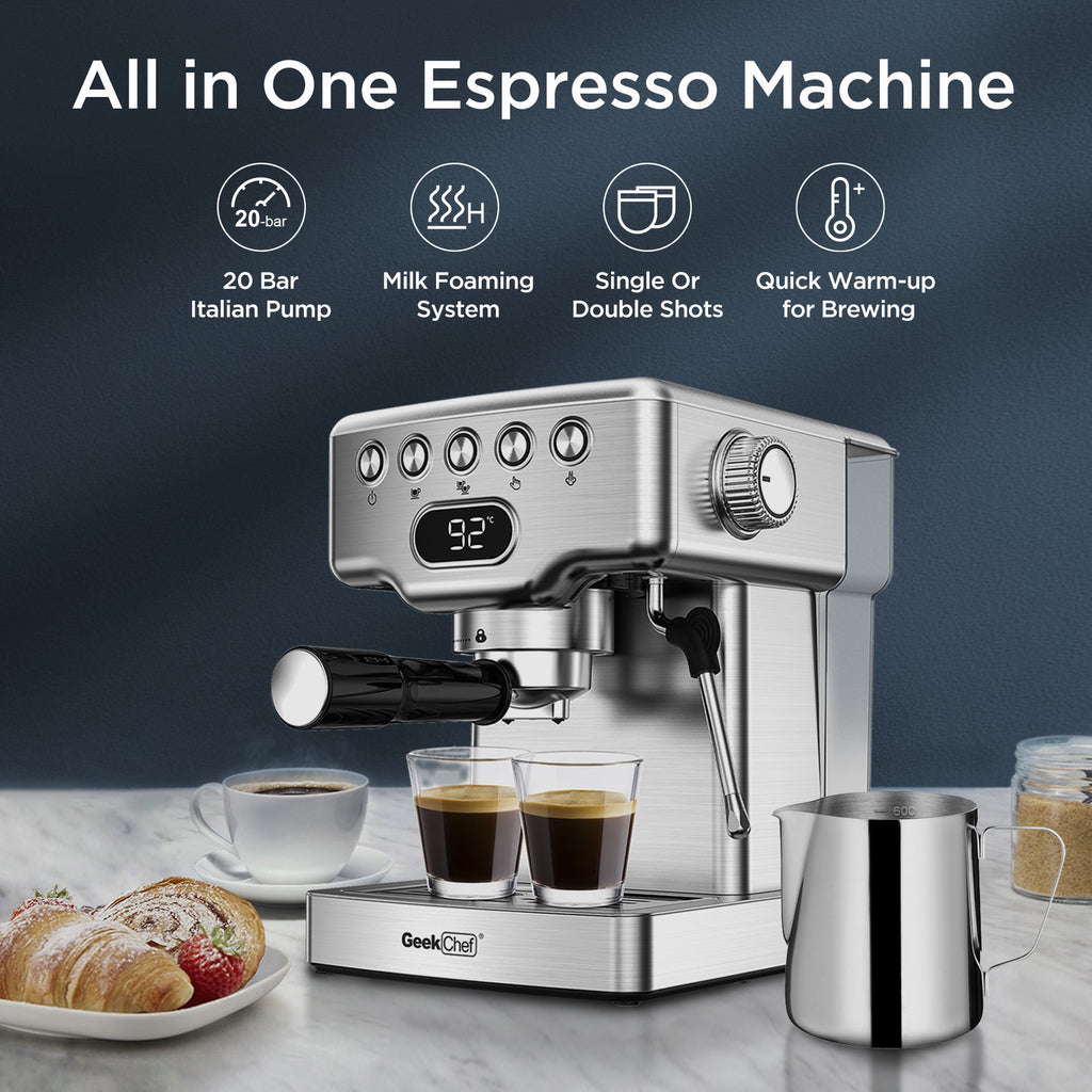20 Bar Espresso Machine with Milk Frother for Latte/Cappuccino/Macchiato - 1.8L Tank, Stainless Steel Home Espresso Maker
