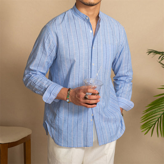 Cotton Linen Stand-up Collar Striped Long-sleeved Shirt Slightly Wide