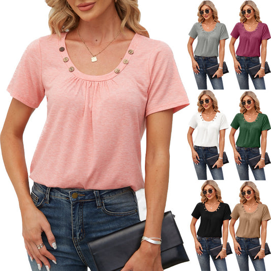 Solid Color Pleated T-Shirt with Cute Square Neckline